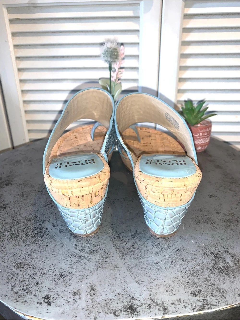 Donald J. Pliner Women's Light Blue Croc-Embossed Cork Wedge Sandal 8.5